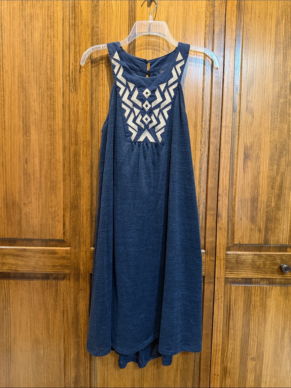 Navy High-Low Sleeveless Dress with Cream Embroidered Yoke